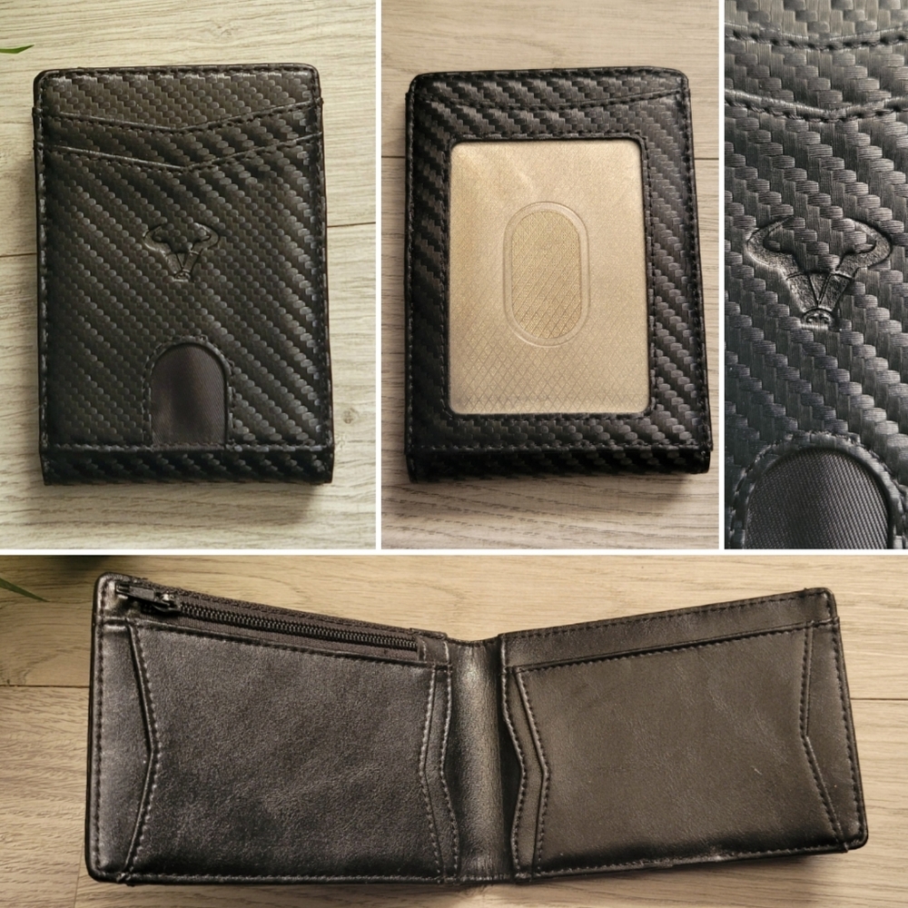 Bulliant Black Leather Slim Zipper Wallet with Card Holdere, 4" x 3"